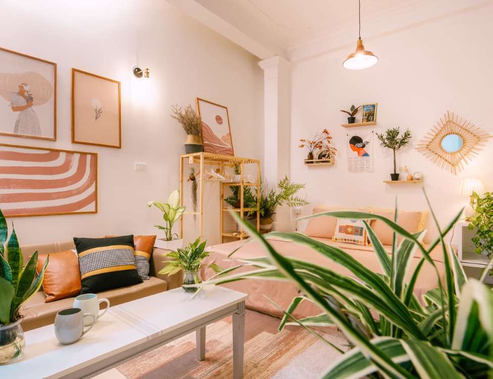 Phong cách Boho / cá tính – điểm nhấn tranh, cây xanh, phụ kiện decor