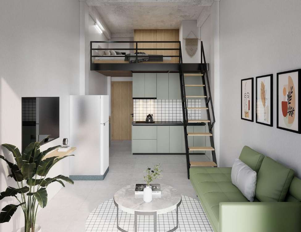 Thiết kế phòng trọ có gác lửng hoặc diện tích lớn hơn (~20–30 m²)