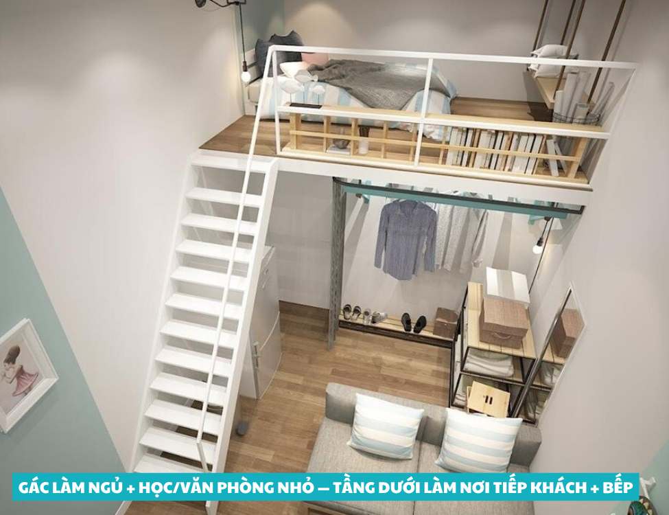 Gác làm ngủ + học/văn phòng nhỏ — tầng dưới làm nơi tiếp khách + bếp