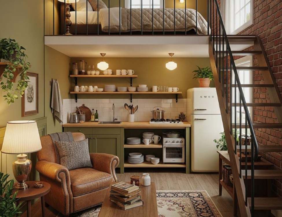 Thiết kế phòng trọ 12m2 có gác lửng phong cách Vintage