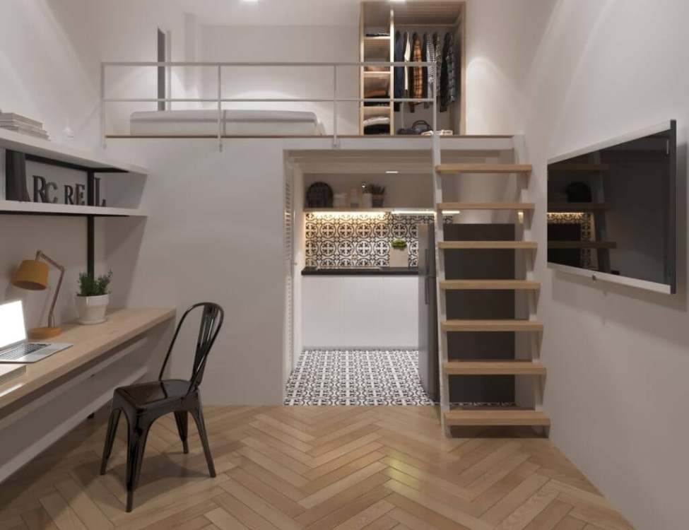 thiết kế phòng trọ 12m2 có gác lửng