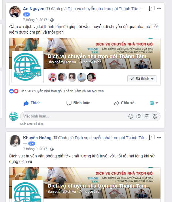 Nhận xét khách hàng sau khi sử dụng dịch vụ chuyển nhà trọn gói giá rẻ tại Thành Tâm cung cấp.