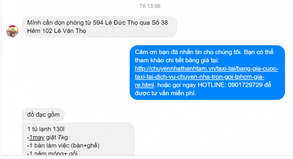 Khách hàng sử dụng dịch vụ chuyển nhà Thành Tâm nhăn tin tư vấn dịch vụ. 